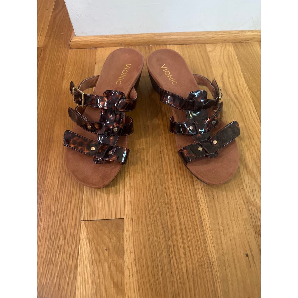 Vionic Radia Wedge Heel Sandals Sz 6 Tortoise Shell Black Brown Comfort Classic